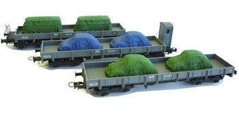 Mabar Tren 81403 Renfe set tre carri pianale tipo MM di cui uno con garitta, con carico di auto coperte.
