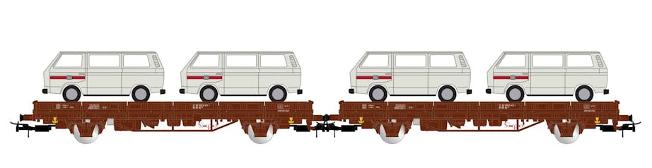 Rivarossi HR6458 DB set due carri pianale a 2 assi tipo Kls, caricato con 4 furgoni (VW T2) 