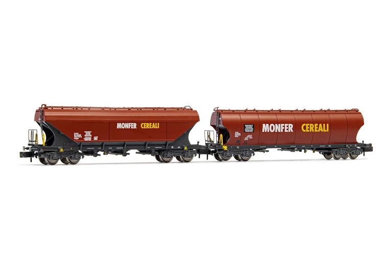 Arnold HN6469 FS, set di 2 carri tramoggia a 4 assi tipo Uagpps ''MONFER CEREALI'', livrea rosso scuro, ep. VI, Scala N