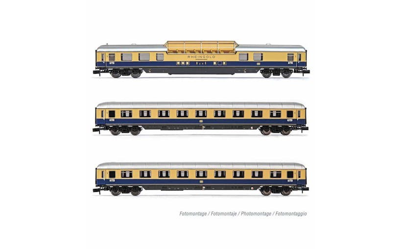 Arnold HN4313 DB, set di 3 carrozze ''Rheingold'', contenente una carrozza panoramica e due carrozze Avmh, livrea blu/beige, ep. III - Scala N 1/160