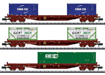 Trix 15072 SNCF set tre carri pianali tipo Rs caricati con container, ep.VI - Minitrix Scala N
