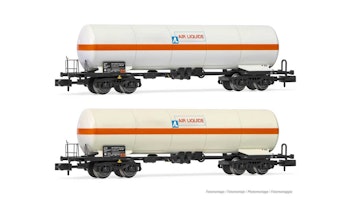 Arnold HN6540 FS, set di 2 carri cisterna a 4 assi Zagkks, livrea bianca ''Air Liquide'' con striscia arancio, ep. V - Scala N