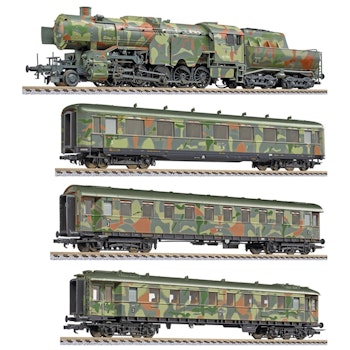 Liliput 130002 DRB set 4 elementi treno militare livrea mimetica con locomotiva a vapore Br.42 per trasporto truppe militari, ep.II