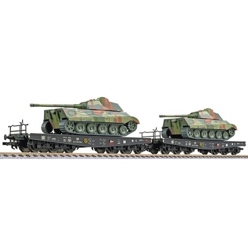 Liliput 230173 DRB set di due carri pianali per trasporto pesante con carri armati livrea mimetica, ep.II