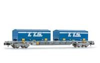 Arnold HN6582 SNCF carro portacontainer da 60' a 4 assi Novatrans Sgss, grigio, con container 2 x 22' ''TTS'',ep.V