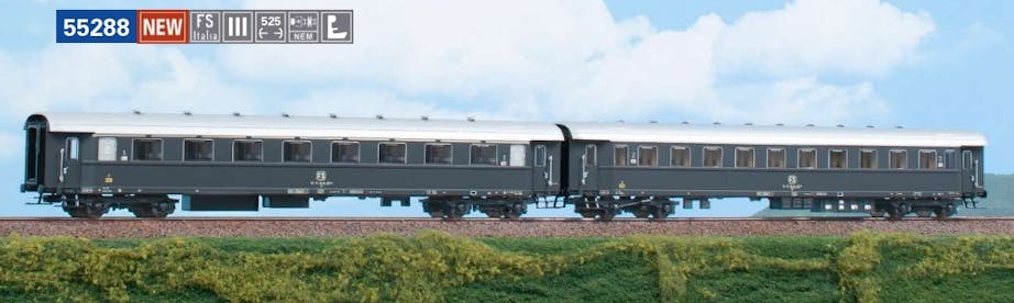 Acme 55288 FS set due carrozze Az13000 e Bz 33000 con aeratori sul tetto, in livrea grigio ardesia, ep.IV-V