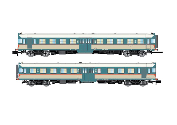 Arnold HN2569 FS, set di 2 automotrici diesel ALn 668 serie 3100, livrea d’origine azzurra/beige, vetri curvi, ep. IV - Scala N 1/160