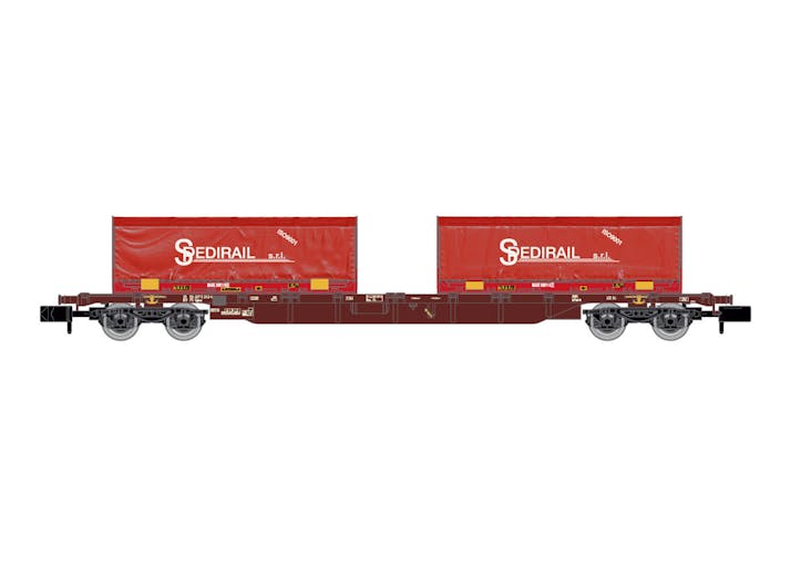 Arnold HN6654 FS, carro porta container a 4 assi Sgnss, caricato con 2 container ''Spedirail'' da 22 piedi, ep. VI - Scala N 1/160