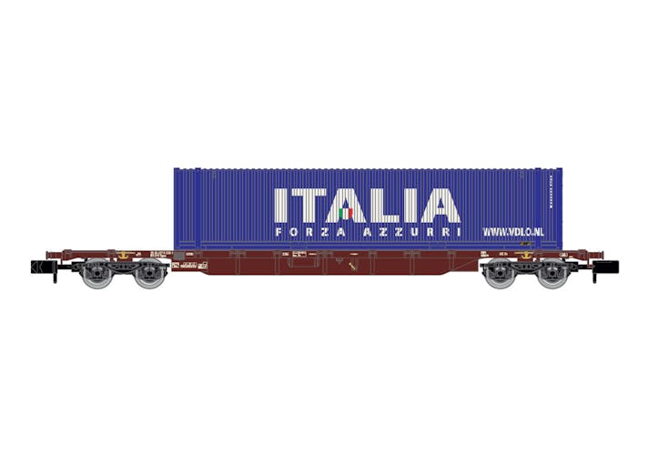 Arnold HN6656 FS, carro porta container a 4 assi Sgnss, livrea marrone, caricato con container ''Italia'' da 45 piedi, ep. VI - Scala N 1/160