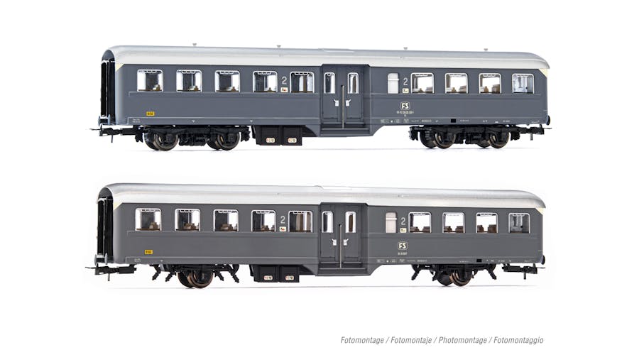 Rivarossi HR4370 FS, set di 2 carrozze ''Corbellini'' 1947, livrea grigia, composto da 1 carrozza a 2 assi e 1 carrozza a 4 assi, ep. IV