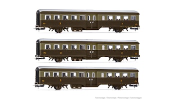 Rivarossi HR4369 FS, set di 3 carrozze a 2 assi ''Corbellini'' 1947 di 3a classe per treni storici, livrea castano/Isabella, ep. V-VI