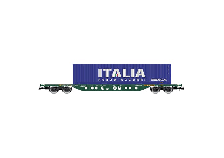 Rivarossi HR6617 FS CEMAT, carro porta container a 4 assi Sgns, livrea verde, caricato con container “Italia” da 45 piedi, ep. V-VI