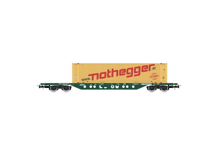 Rivarossi HR6613 CEMAT, carro porta container a 4 assi tipo Sgnss, livrea verde, nuovo logo CEMAT, caricato con un container “Nothegger” da 45 piedi, ep. VI