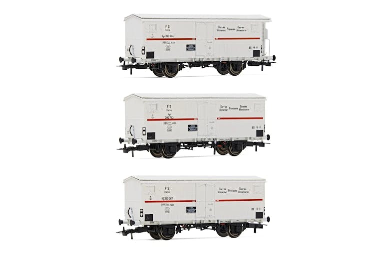 Rivarossi HR6561 FS, set di 3 carri refrigerati a 2 assi Hgb (2 senza garitta, 1 con), sagoma inglese, livrea bianca con striscia rossa, ep. III
