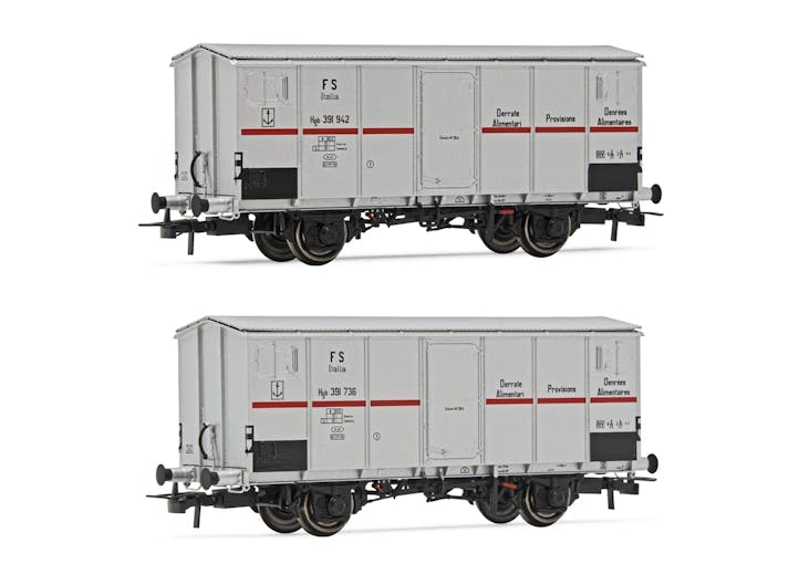 Rivarossi HR6562 FS, set di 2 carri refrigerati a 2 assi Ifms, cassa metallica, sagoma inglese, livrea argento con striscia rossa, ep. IIIb Freight Wagon Packs