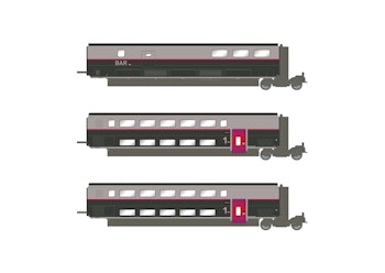 Jouef HJ3016 SNCF, set di 3 carrozze aggiuntive, TGV Duplex Carmillon, composto da 2 carrozze ex 1a classe e 1 carrozza bar, ep. VI