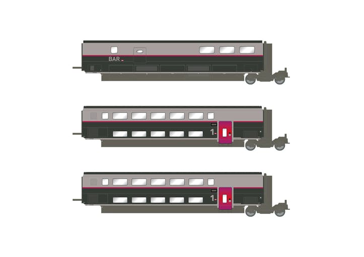 Jouef HJ3016 SNCF, set di 3 carrozze aggiuntive, TGV Duplex Carmillon, composto da 2 carrozze ex 1a classe e 1 carrozza bar, ep. VI