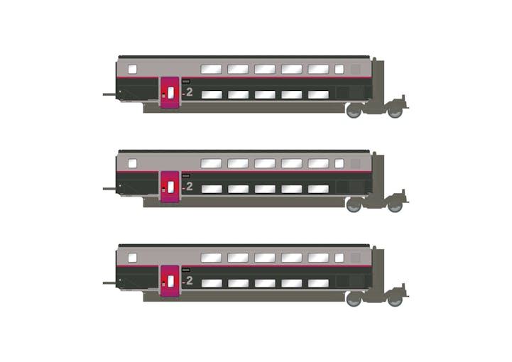 Jouef HJ3017 SNCF, set di 3 carrozze aggiuntive, TGV Duplex Carmillon, composto da 2 carrozze ex 1a classe e 1 carrozza bar, ep. VI