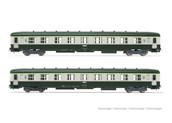 Jouef HJ4181 SNCF, set di 2 carrozze DEV AO di 2a classe U59 B9 (ex A9), livrea verde/grigia con logo ''Encadré'', ep. IV