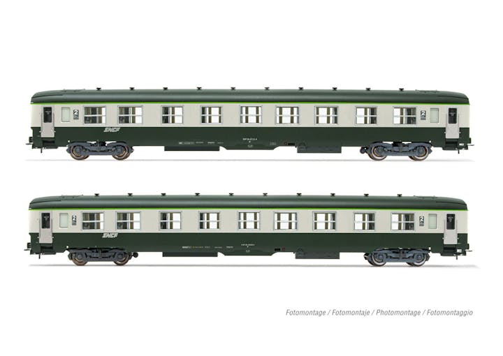 Jouef HJ4182 SNCF, set di 2 carrozze DEV AO di 2a classe U59 B9 (ex A9), livrea verde/grigia con logo ''Nouille'', ep. IV-V
