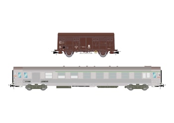 Jouef HJ4183 SNCF, set di 2 unità, treno manutenzione, composto da 1 carrozza DEV Inox e 1 carro G4, ep. IV-V