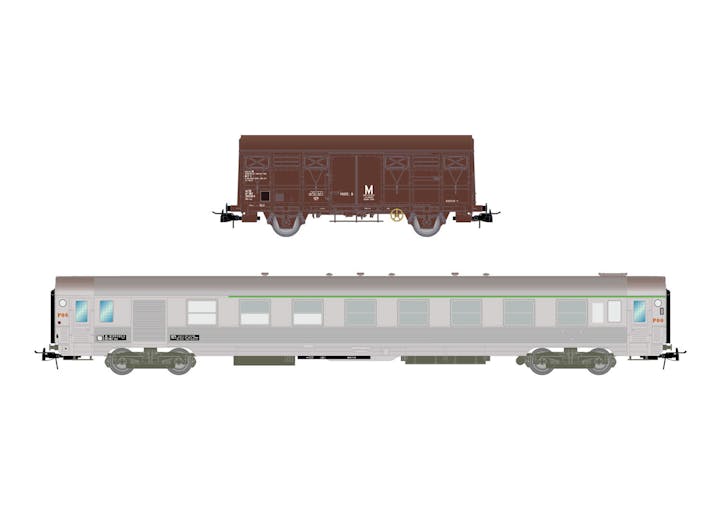Jouef HJ4183 SNCF, set di 2 unità, treno manutenzione, composto da 1 carrozza DEV Inox e 1 carro G4, ep. IV-V