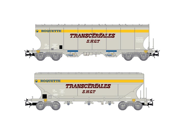 Jouef HJ6269 SNCF, set di 2 carri tramoggia a 4 assi per il trasporto di cereali a pareti piatte e tonde, livrea grigia/gialla, ''Transcéréales S.H.G.T. Roquette'', ep. IV