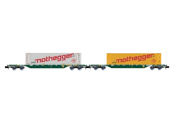 Arnold HN6657 Set di 2 carri porta container a 4 assi, livrea verde, caricati con container ''Nothegger'' da 45 piedi, ep. V-VI - Scala N