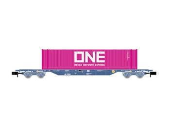 Arnold HN6653 VTG, carro porta container a 4 assi, caricato con container ''ONE'' da 45 piedi, ep. VI - Scala N