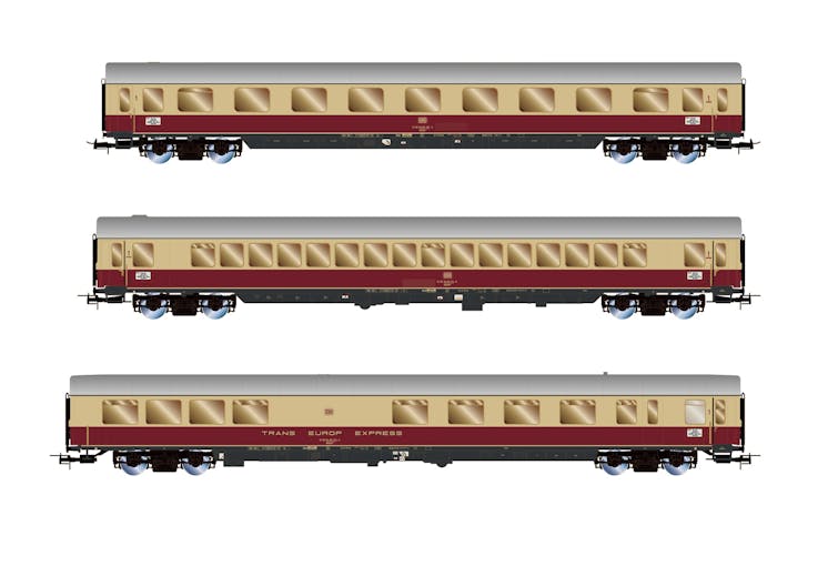 Rivarossi HR4373 DB, set di 3 carrozze ''TEE Bavaria'', livrea rossa/beige, composto da 1 carrozza Apmz, 1 carrozza Avmz e 1 carrozza ARDm, ep. IV