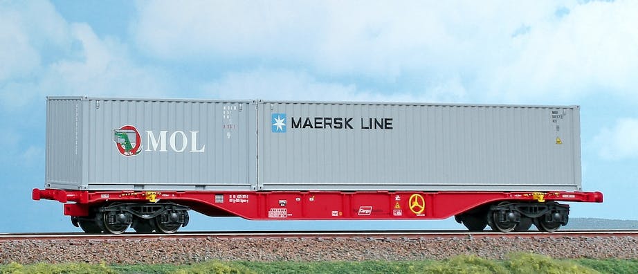 Acme 40411 OBB Carro intermodale Tipo Sgnss-y Rail Cargo Austria da 60 piedi caricato con un container da 40 piedi ''Maersk Line'' e un container da 20 piedi ''MOL'', ep.V-VI