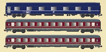 Acme 16516 FS Set di tre carrozze di cui una carrozza letti Tipo MU in livrea blu TEN e due carrozze cuccette UIC-X in livrea beige/rosso fegato, ep.V - Scala N 1/160