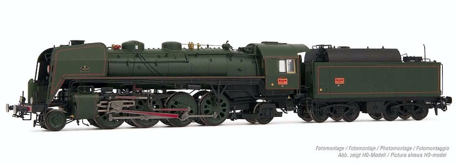 Arnold HN2482S SNCF, locomotiva a vapore 141 R 1187 con ruote boxpok su tutti gli assi, tender per carburante ad alta capacità, livrea verde, epoca III - DCC Sound - Scala N 1/160
