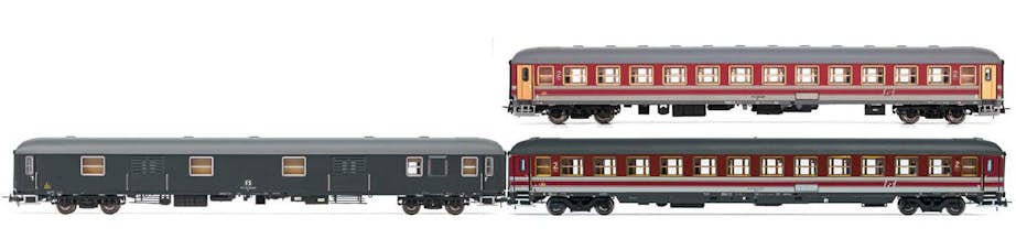 Rivarossi HR4362 FS, set di 3 carrozze “Alpen-Express”, composto da 2 carrozze UIC-X di 2a classe in livrea rosso fegato e 1 bagagliaio UIC-X ‘70 in livrea grigio ardesia, ep. IV