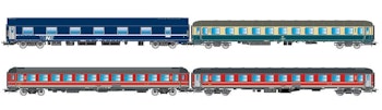Rivarossi HR4374 “Italien-Holland Express”, set di 4 carrozze, 1 letti MU NS livrea TEN, 1 cuccetta DB Bcm 243 blu/beige, 1 UIC-X 2a cl. FS rosso fegato e 1 cuccetta UIC-X ‘68 FS rosso fegato, ep. V