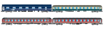 Rivarossi HR4375 “Italien-Holland Express”, set di 4 carrozze, 1 cuccetta DB Bcm 243 blu/beige, 1 UIC-X 2a cl. FS rosso fegato, 1 UIC-X 2a cl. FS grigio ardesia e 1 cuccetta UIC-X ‘68 FS rosso fegato, ep. V