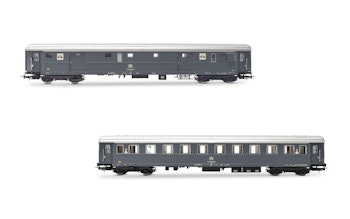 Rivarossi HR4366 FS, set di 2 carrozze Tipo 1946, composto da 1 bagagliaio per trasporto biciclette Dz 83000 e 1 carrozza di 2a classe Bz 33010, livrea grigia, ep. IV