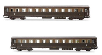 Rivarossi HR4367 FS, set di 2 carrozze Tipo 1946, composto da 2 carrozze di 2a classe Bz 33010, una con comparto ristoro, livrea castano/Isabella, ep. III