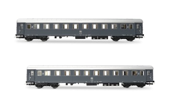 Rivarossi HR4368 FS, set di 2 carrozze Tipo 1946, composto da 2 carrozze di 2a classe Bz 33010, una con comparto ristoro, livrea grigio ardesia, marcatura FS, ep. III-IV