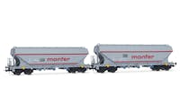 Rivarossi HR6677 I-ERSA, set di 2 carri tramoggia per trasporto cereali a pareti piane “MONFER”, livrea grigia con nuove iscrizioni, ep.VI