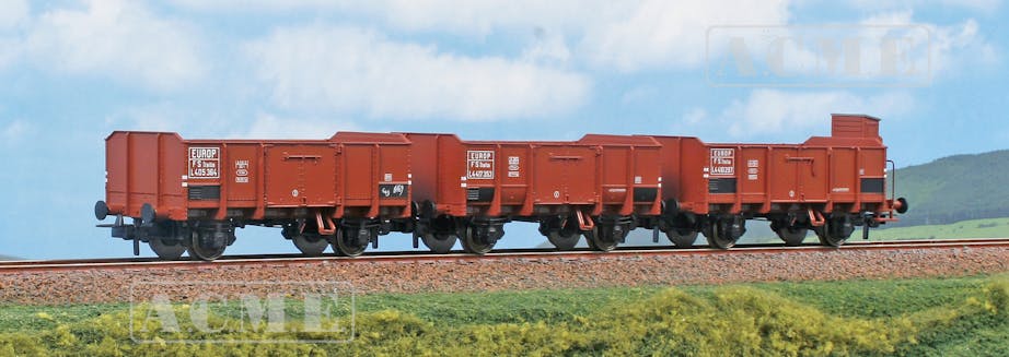 Acme 45183 FS Italia set di tre carri a sponde Tipo L (1919, 1940 e 1945), con e senza garitta, con marcatura EUROP., ep.III