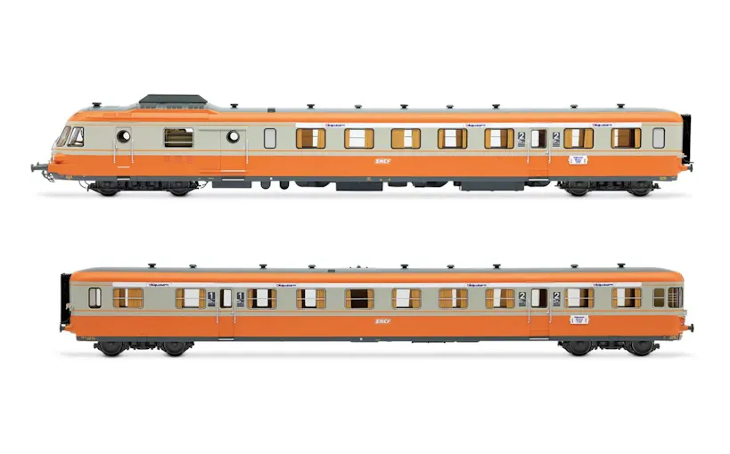 Jouef HJ2463S SNCF, automotrice diesel RGP I con rimorchio in livrea grigio beton/arancione ''Alpazur'', ep. IV - DCC Sound